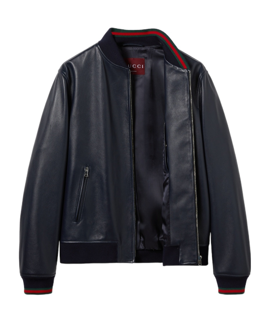 Gucci Signature Web Leather Bomber Jacket In Blue