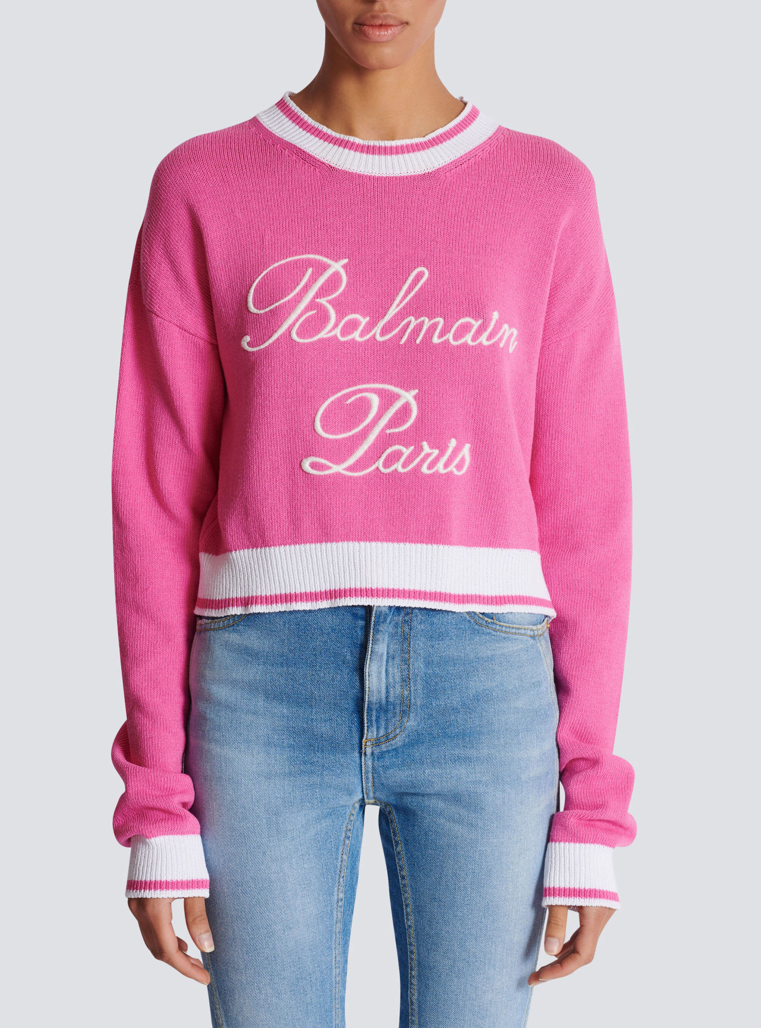 Balmain Cotton-blend Embroidered-logo Sweater In Pink