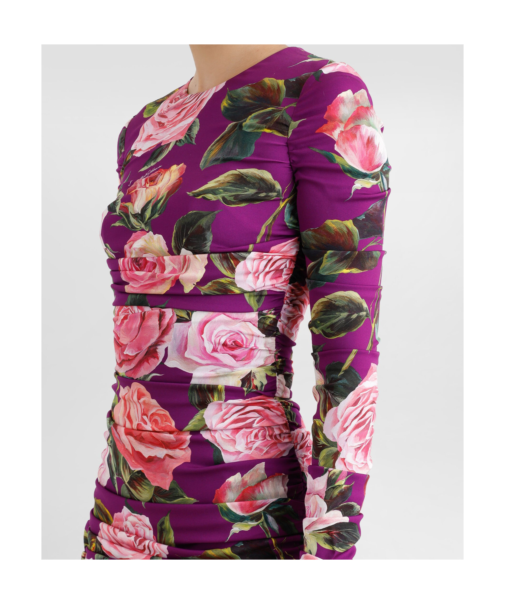 Dolce & Gabbana Charmeuse Midi Sheath Dress With Draping And Rose Print In Multicolor