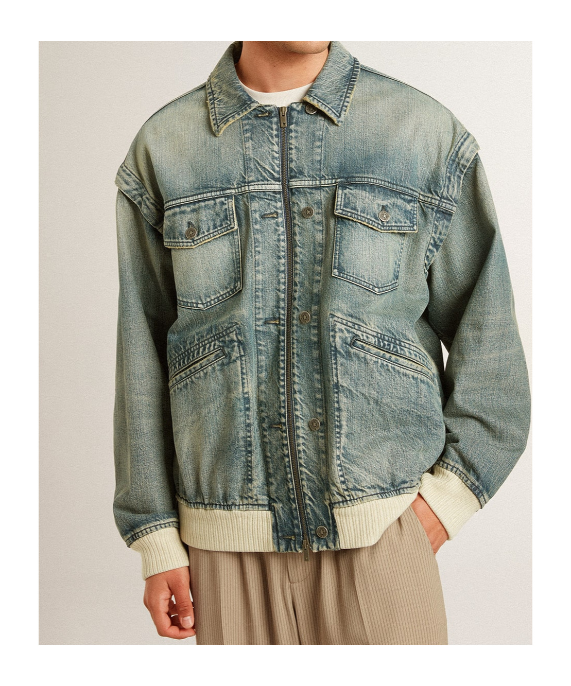 Golden Goose Men's Washed Denim Jacket With Wool Blend Ribbing In Gray