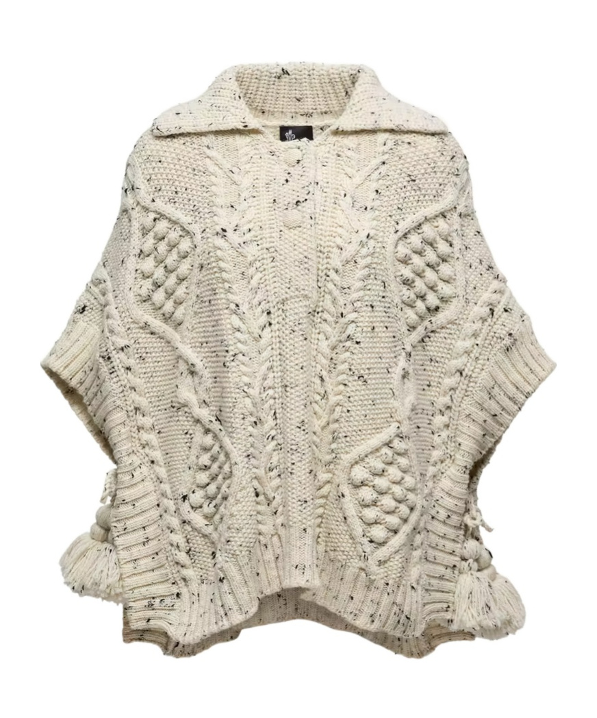 Moncler Wool Blend Tassel Cape In Neutral