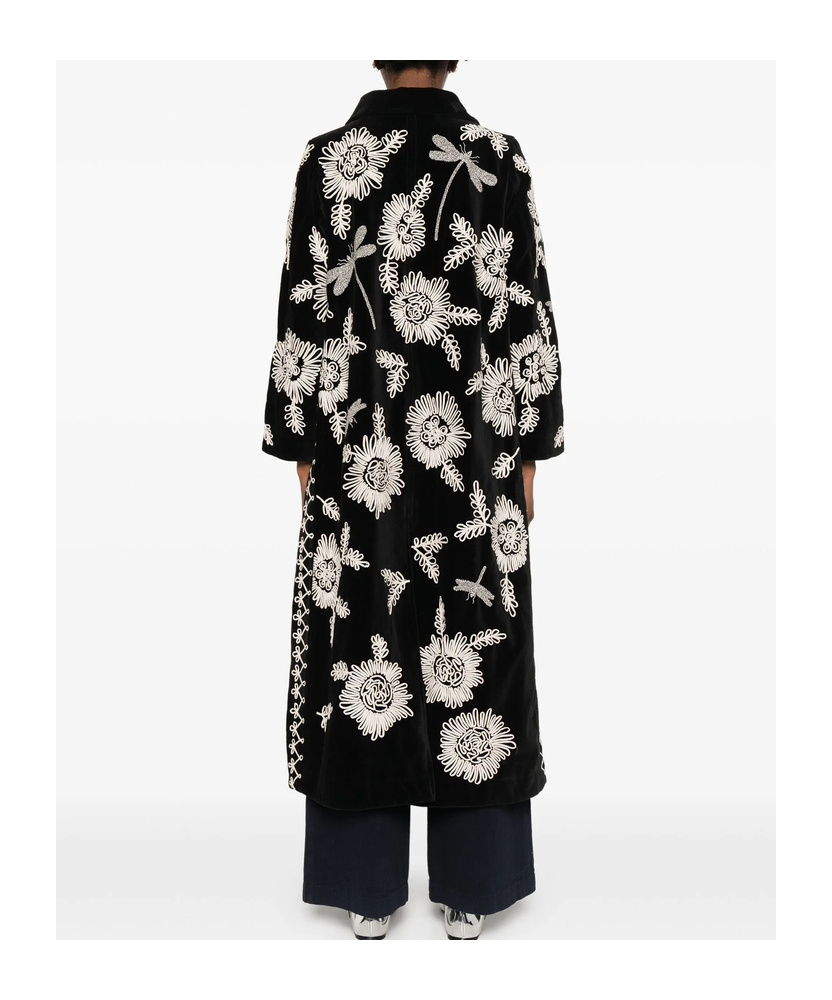 Forte Forte Long Coat With Floral Embroidery And Pockets In Black