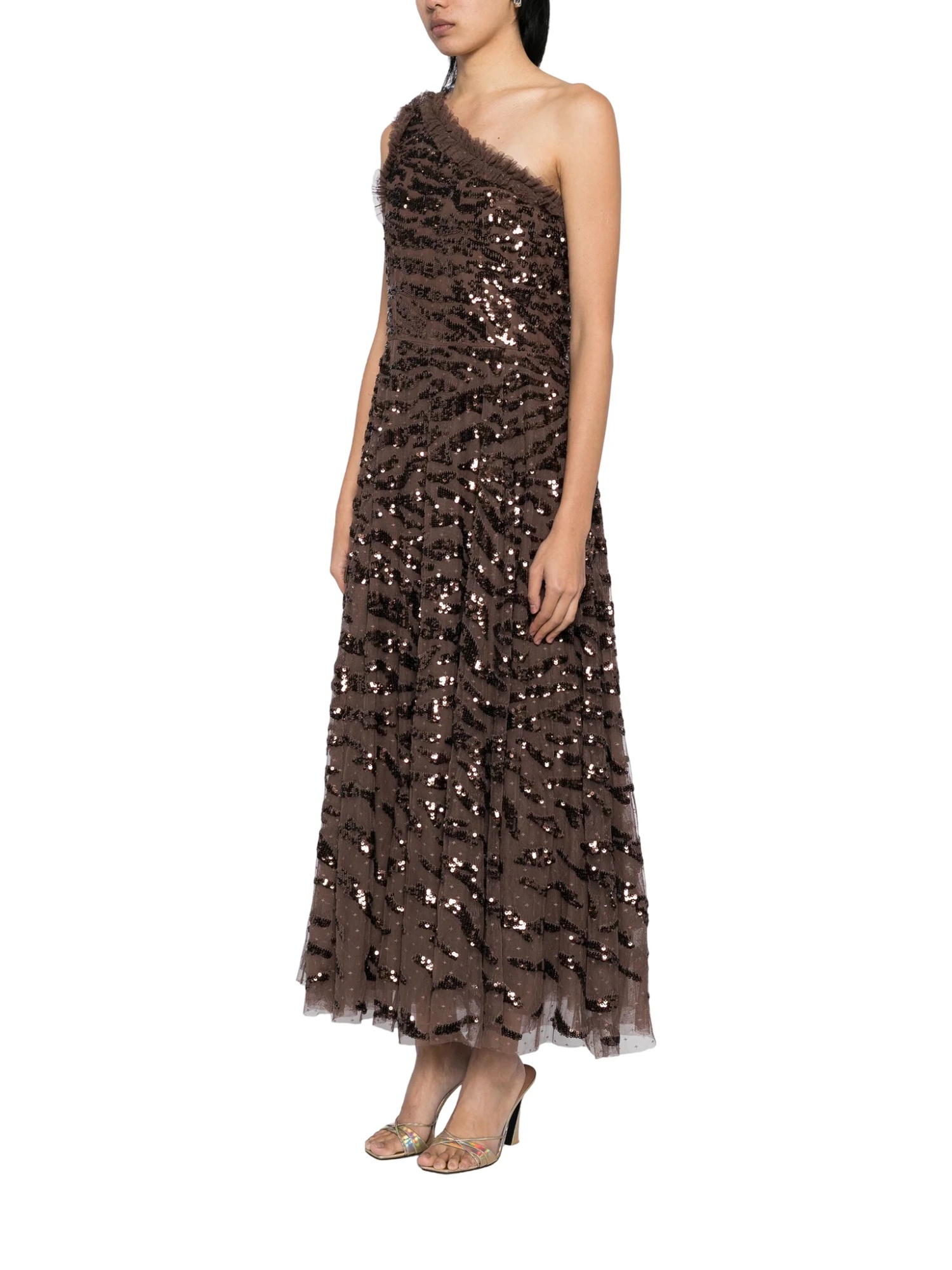 Needle & Thread One-shoulder Ripple Sequined Gown In Brown