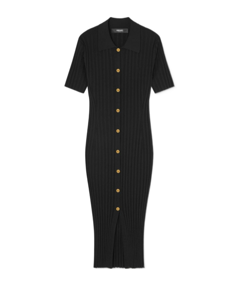 Versace Short-sleeve Flat-rib Knit Button-front Shirtdress In Black