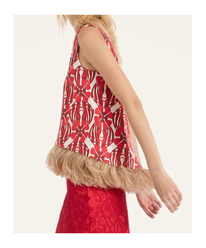 La Doublej Icon La Scala Feather-trimmed Printed Stretch-cotton Tweed Top In Red