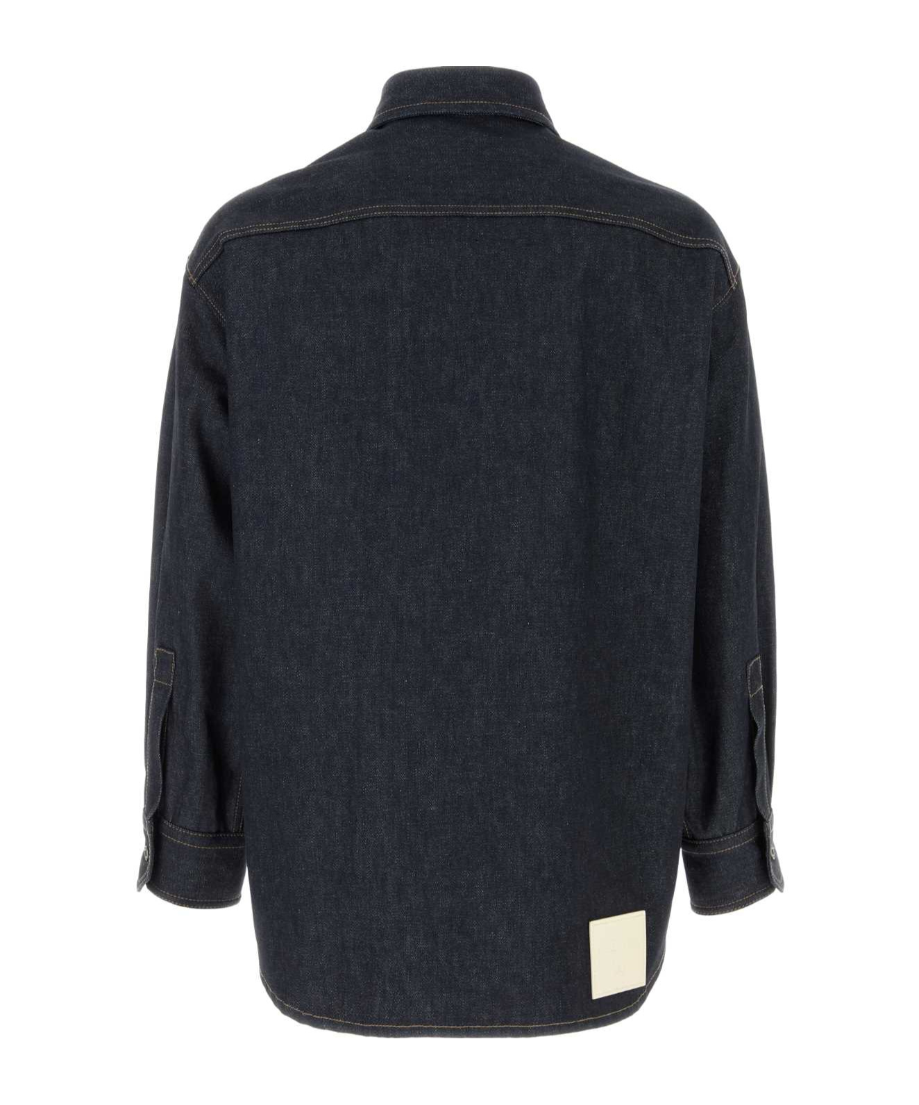 Valentino Denim Overshirt With Hidden Buttoning And Leather Logo Patch In Black