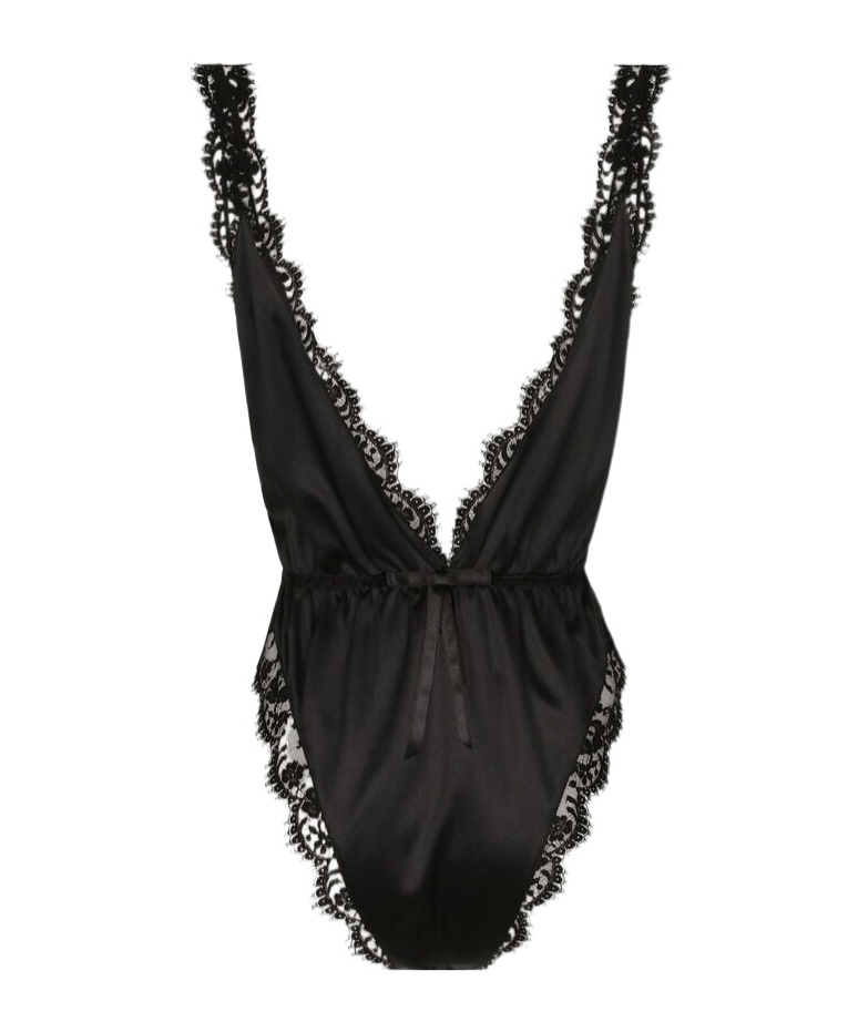 Dolce & Gabbana Lace-trimmed Silk-blend Satin Bodysuit In Black