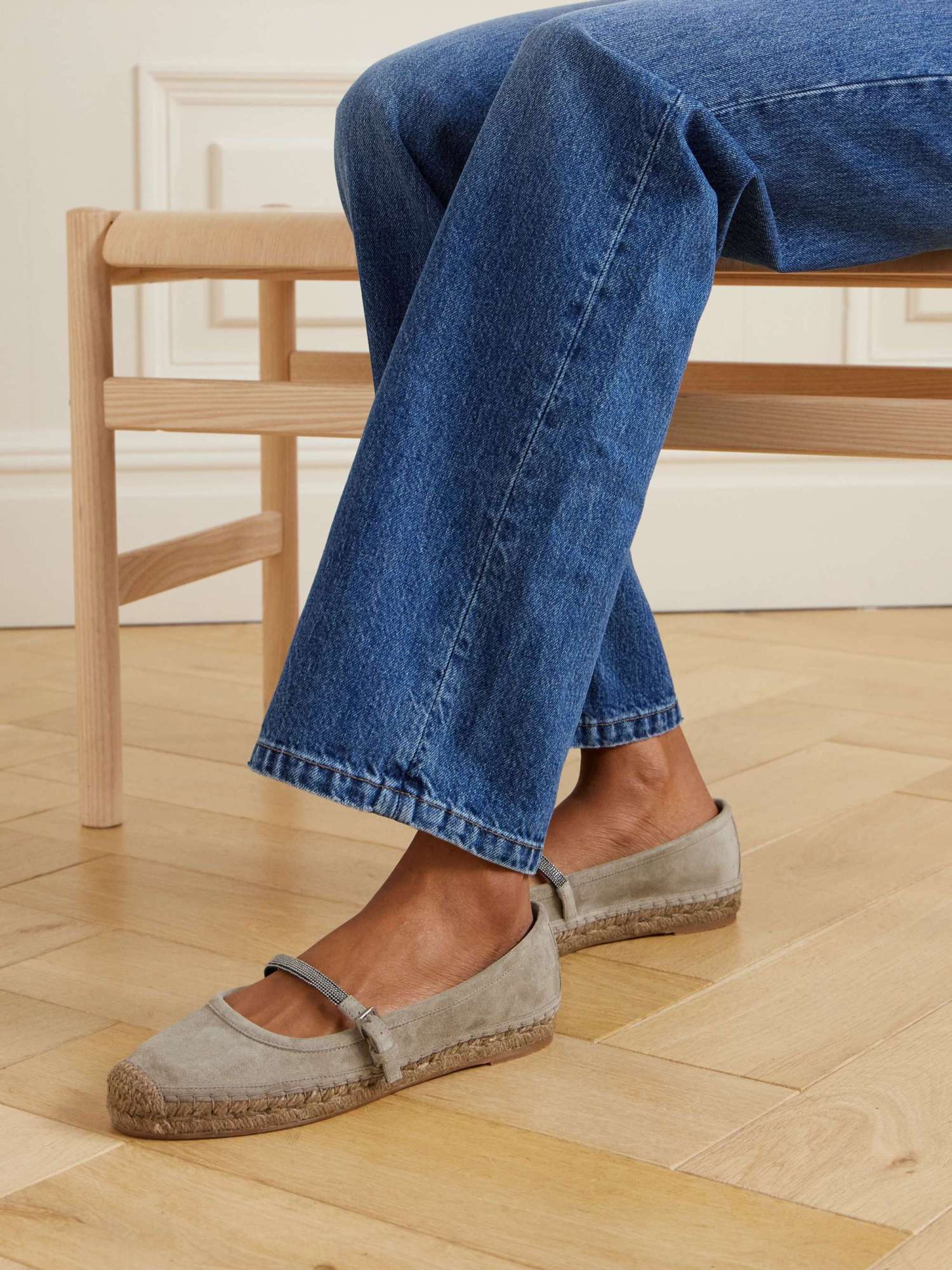 Brunello Cucinelli Bead-embellished Suede Mary Jane Espadrille Flats In Nude