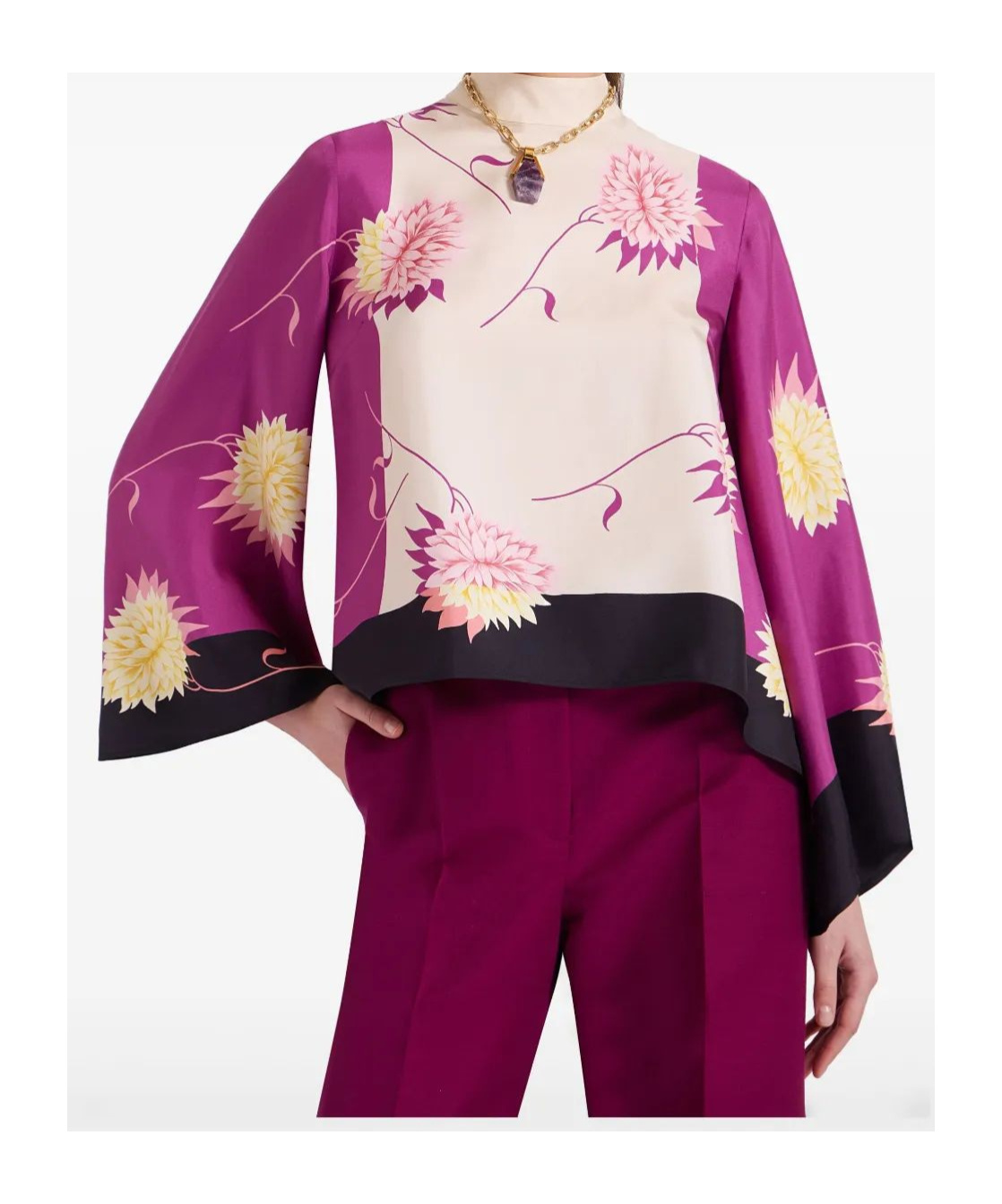 La Doublej Make An Exit Floral Wide Sleeve Silk Top In Multi-color