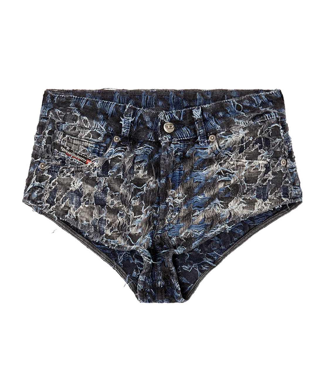 Diesel High-waisted Distressed Denim Shorts Houndstooth In Blue