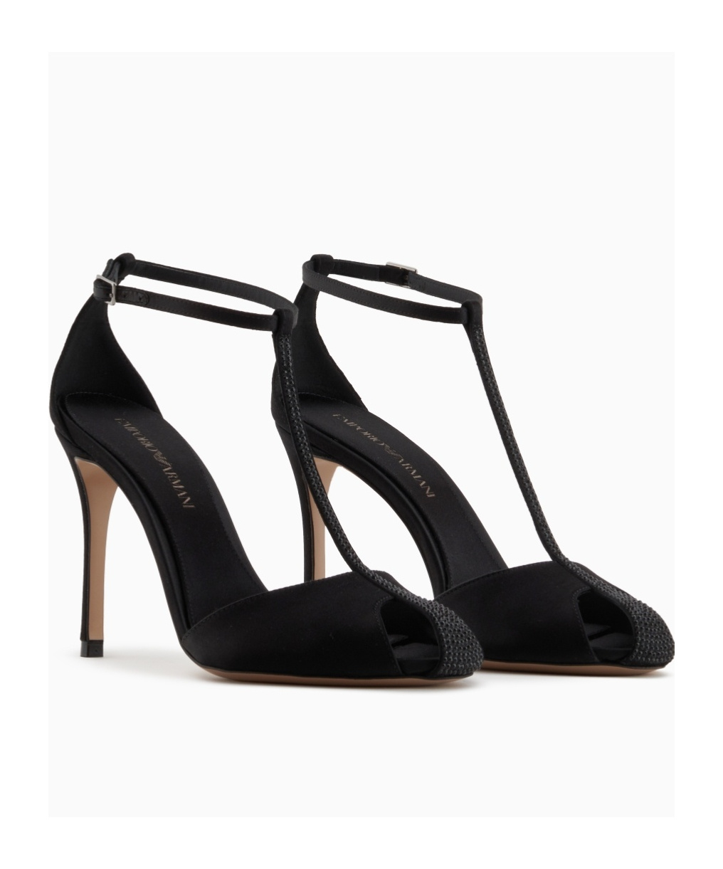Emporio Armani Satin T-bar Sandals With Rhinestones In Black