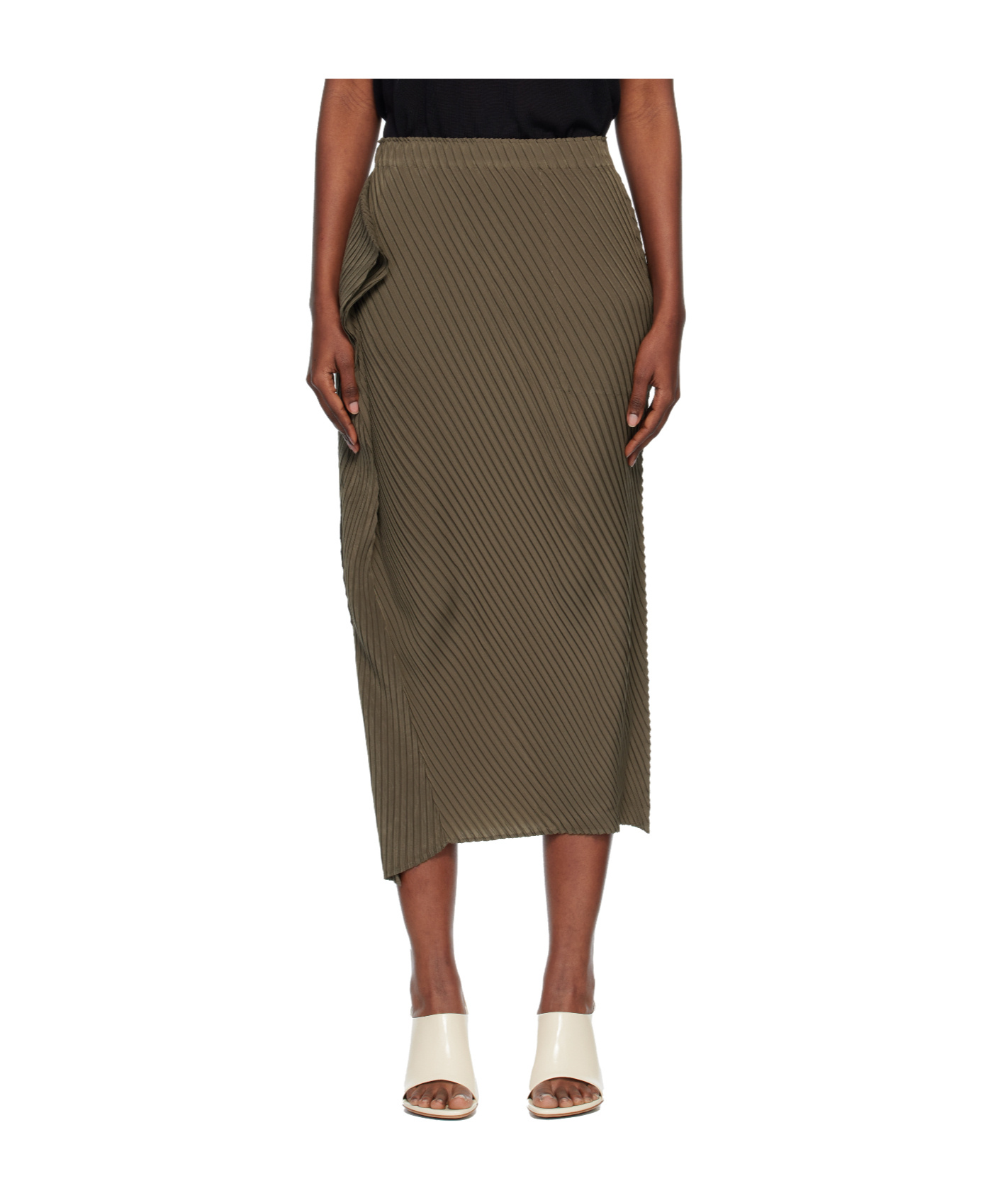 Issey Miyake Khaki Soft Fold Pleats Midi Skirt In Brown