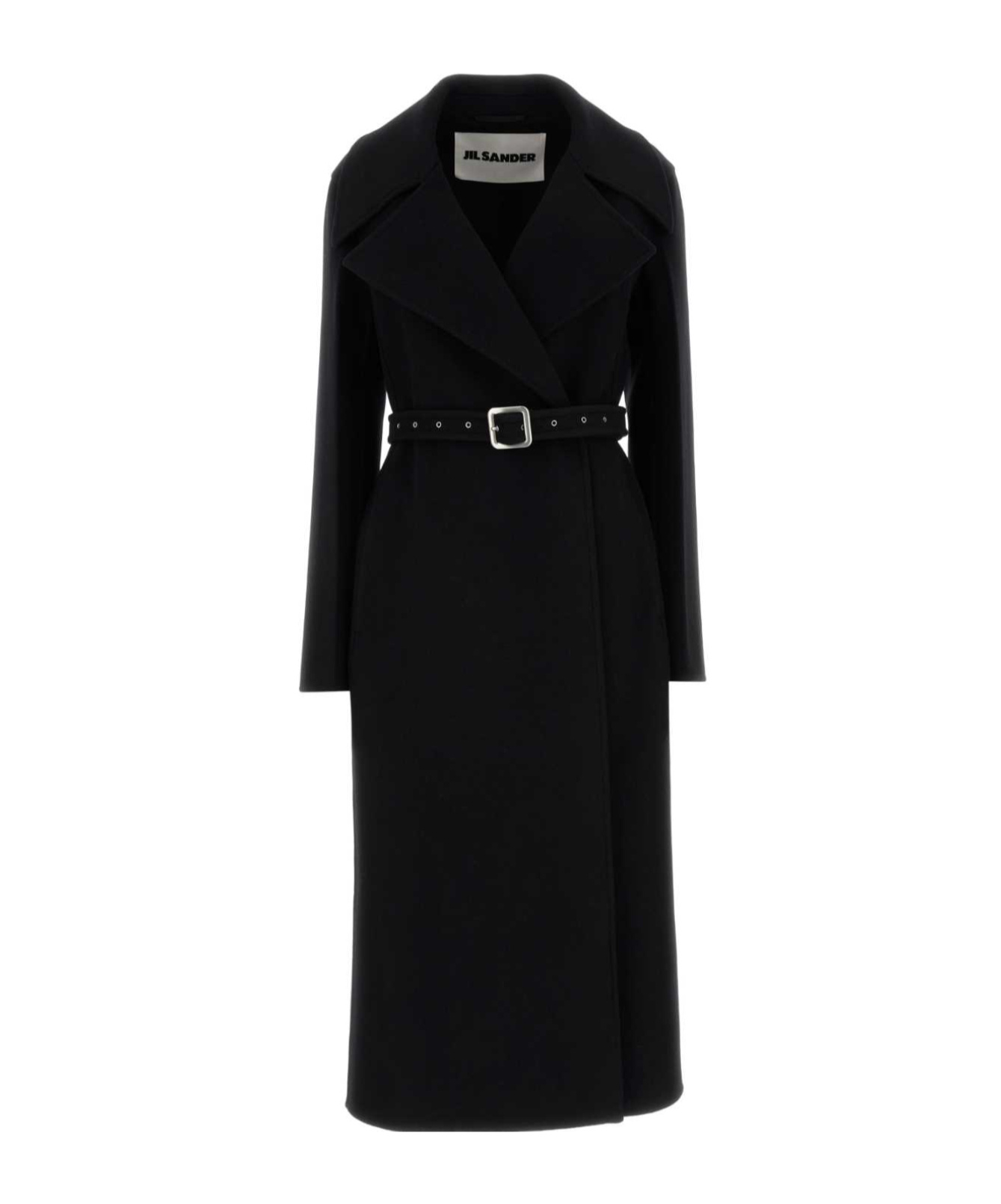 Jil Sander Wool Coat With Belted Waist And Notched Lapels In Black