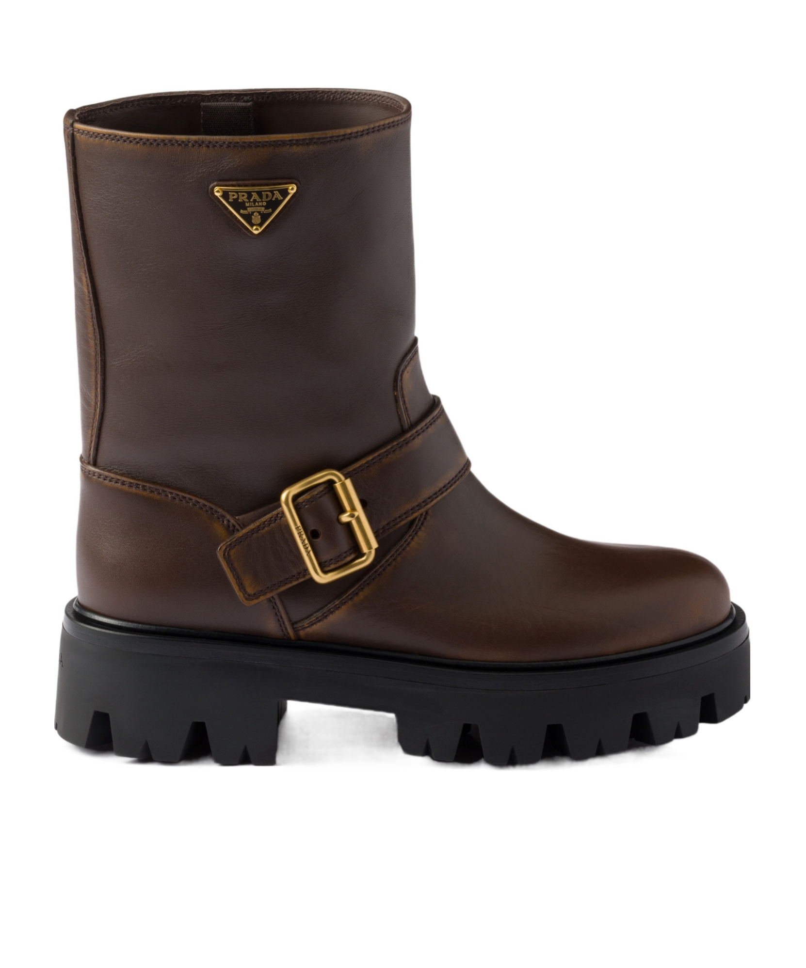 Prada Leather Boots With Vintage Effect And Logo In Black