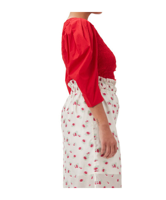 Ganni Smocked Poplin Blouse In Red