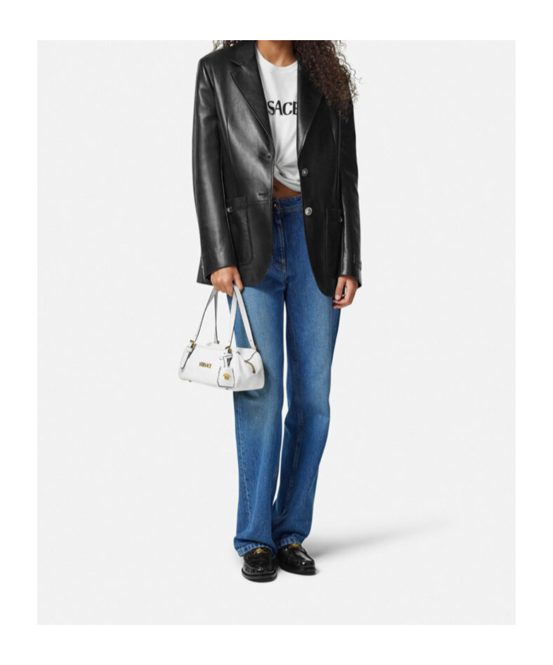 Versace Tag Zipper Shoulder Bag In White