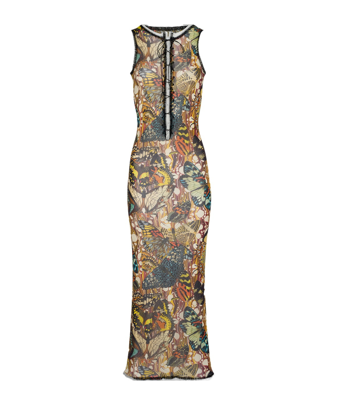 Jean Paul Gaultier Printed Lace-trimmed Mesh Maxi Dress In Multicolor