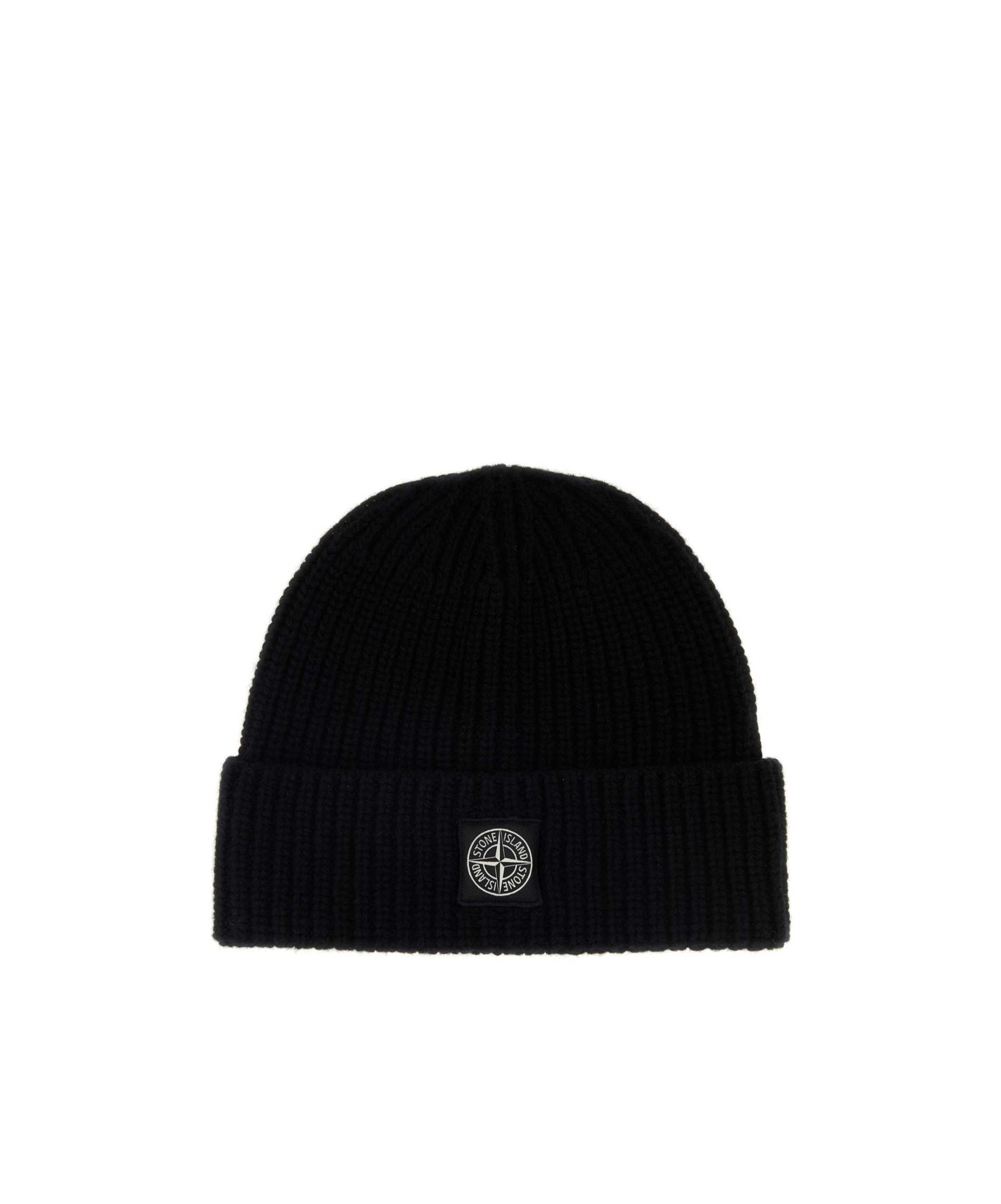 Stone Island Ribbed Knit Beanie With Compass Logo Patch In Black