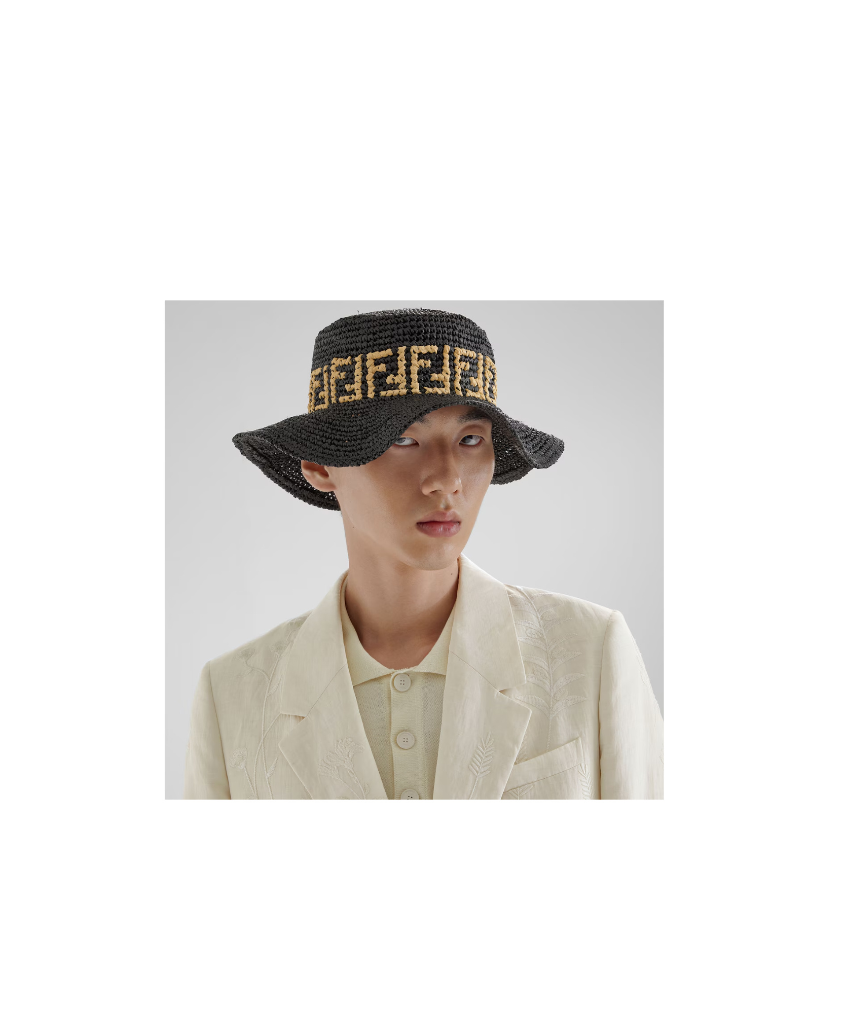 Fendi Monogram-pattern Raffia Hat In Black