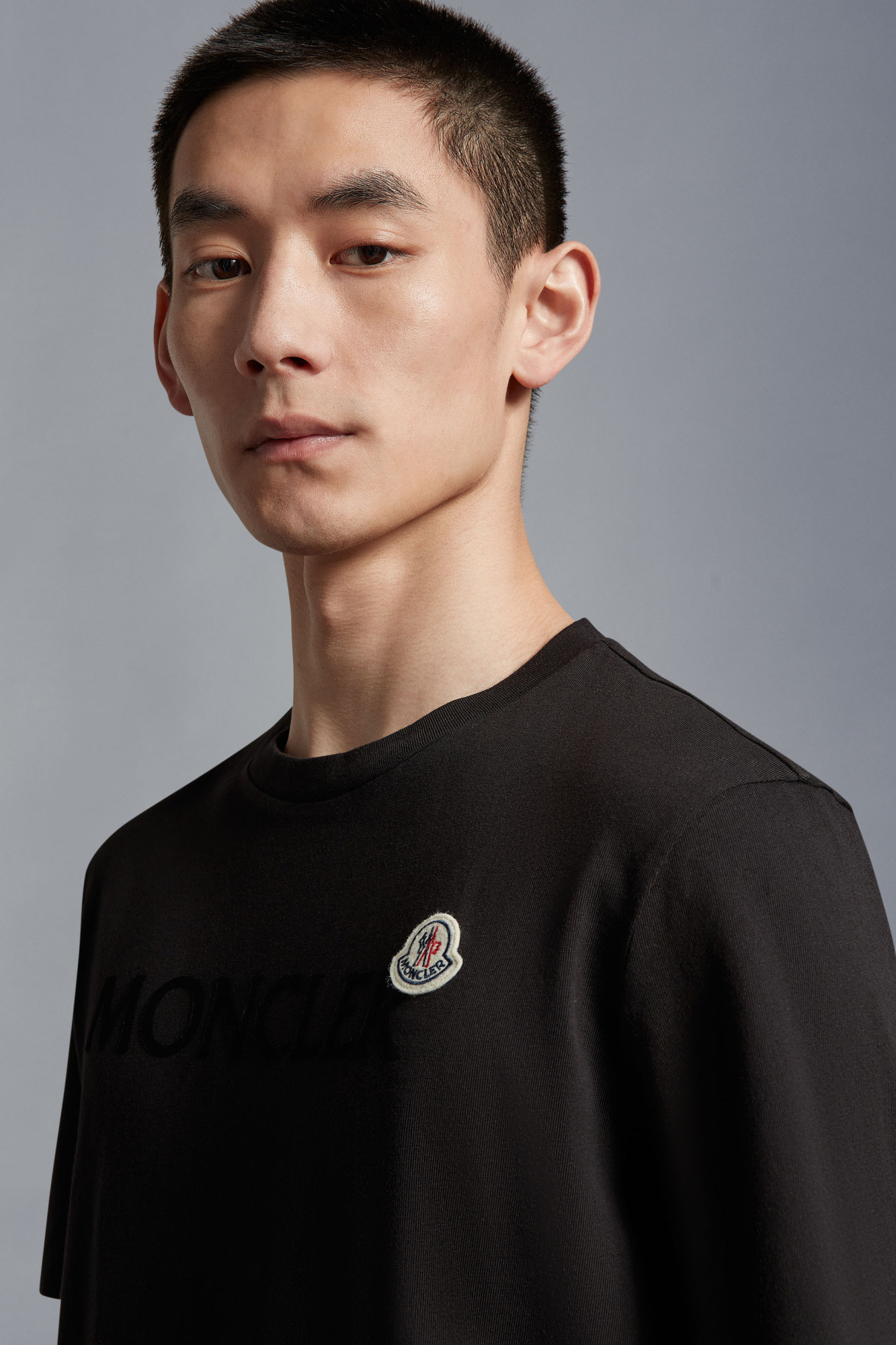 Moncler Men T-shirt With Flocked Cotton Logo In Black