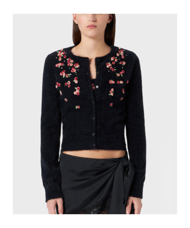 Blumarine Rose Embroidered Knitted Cardigan In Black