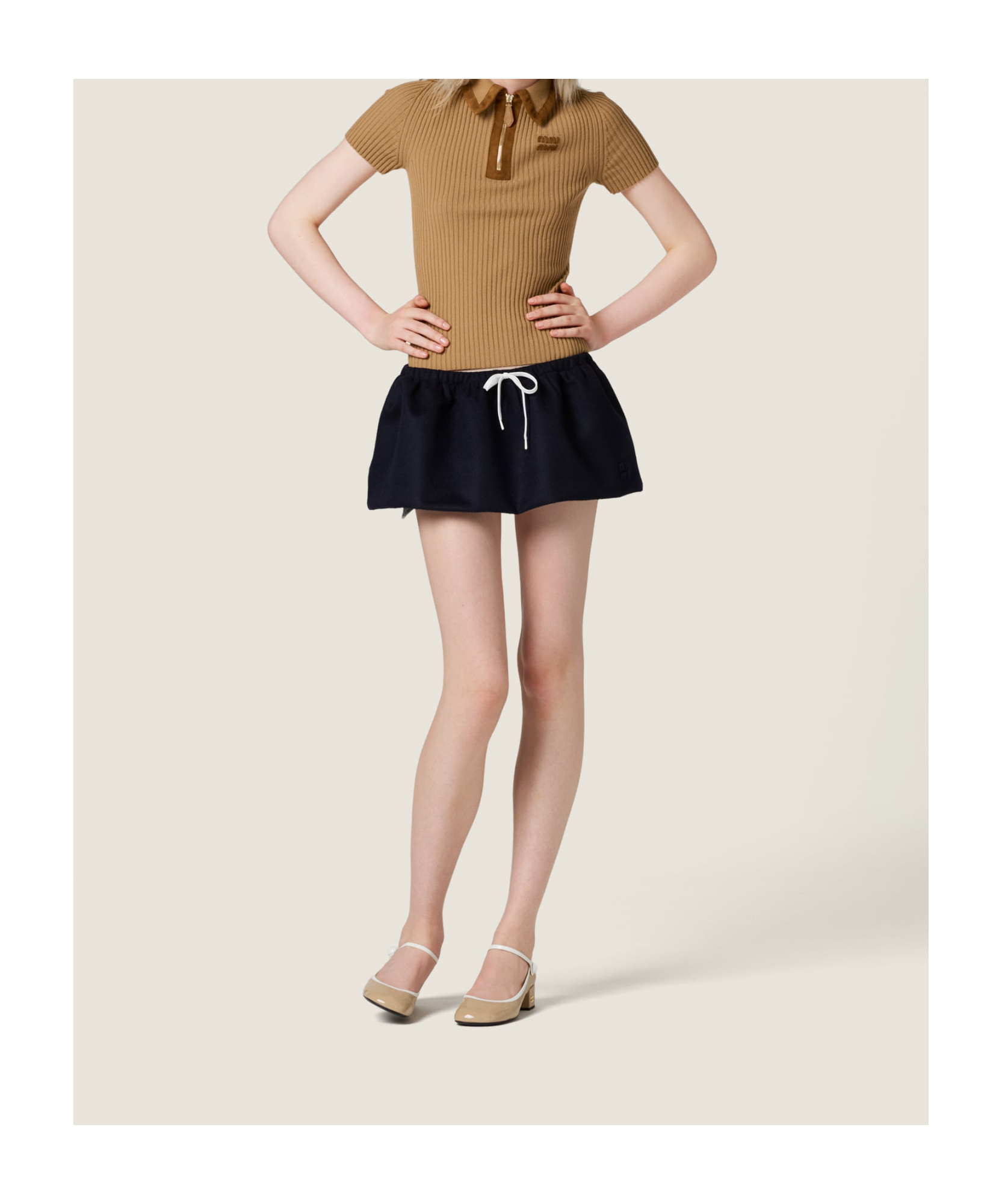 Miu Miu Cashmere Rib Short-sleeve Polo Top In Brown
