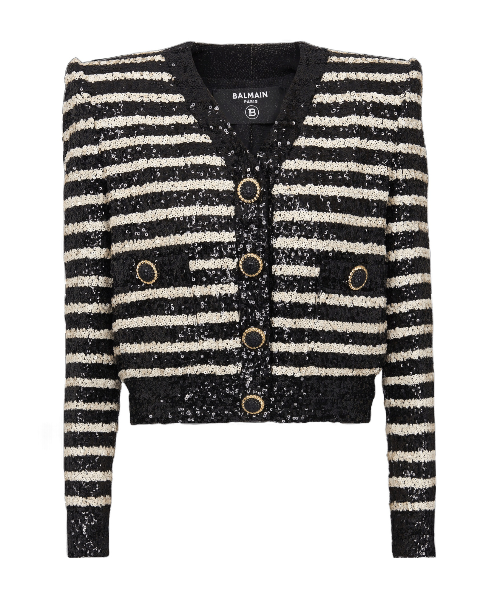 Shop Balmain Striped Sequinned Jacket In Black