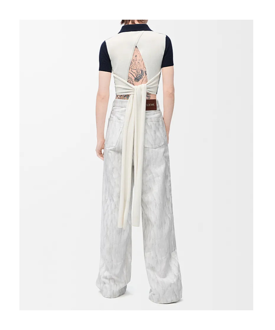 Loewe Colorblock Cropped Backless Wool Cashmere Polo Sweater With Self-tie In White
