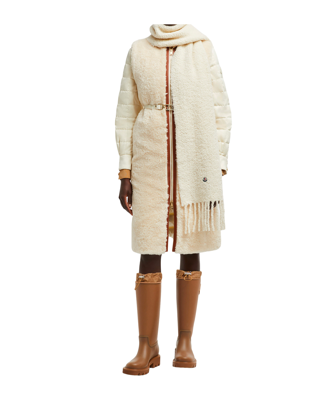 Moncler Off-white Fringed Scarf In Nude