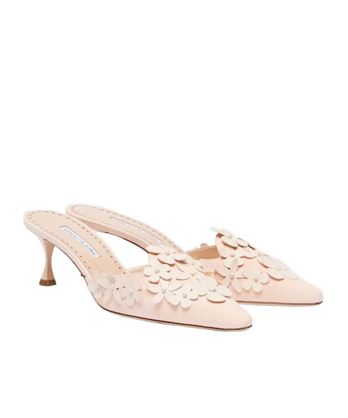 Manolo Blahnik Floral-appliqué Suede Mules In Pink