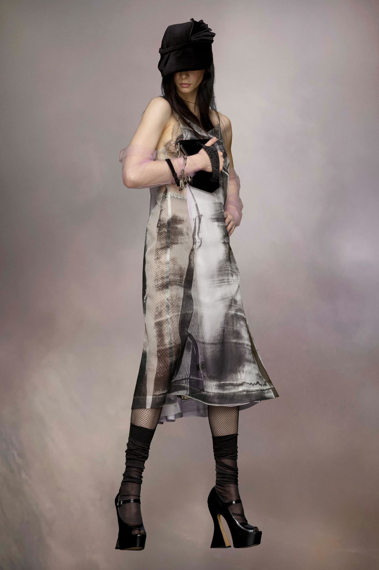 Maison Margiela Lace Trim Abstract-print Midi Slip Dress In Gray