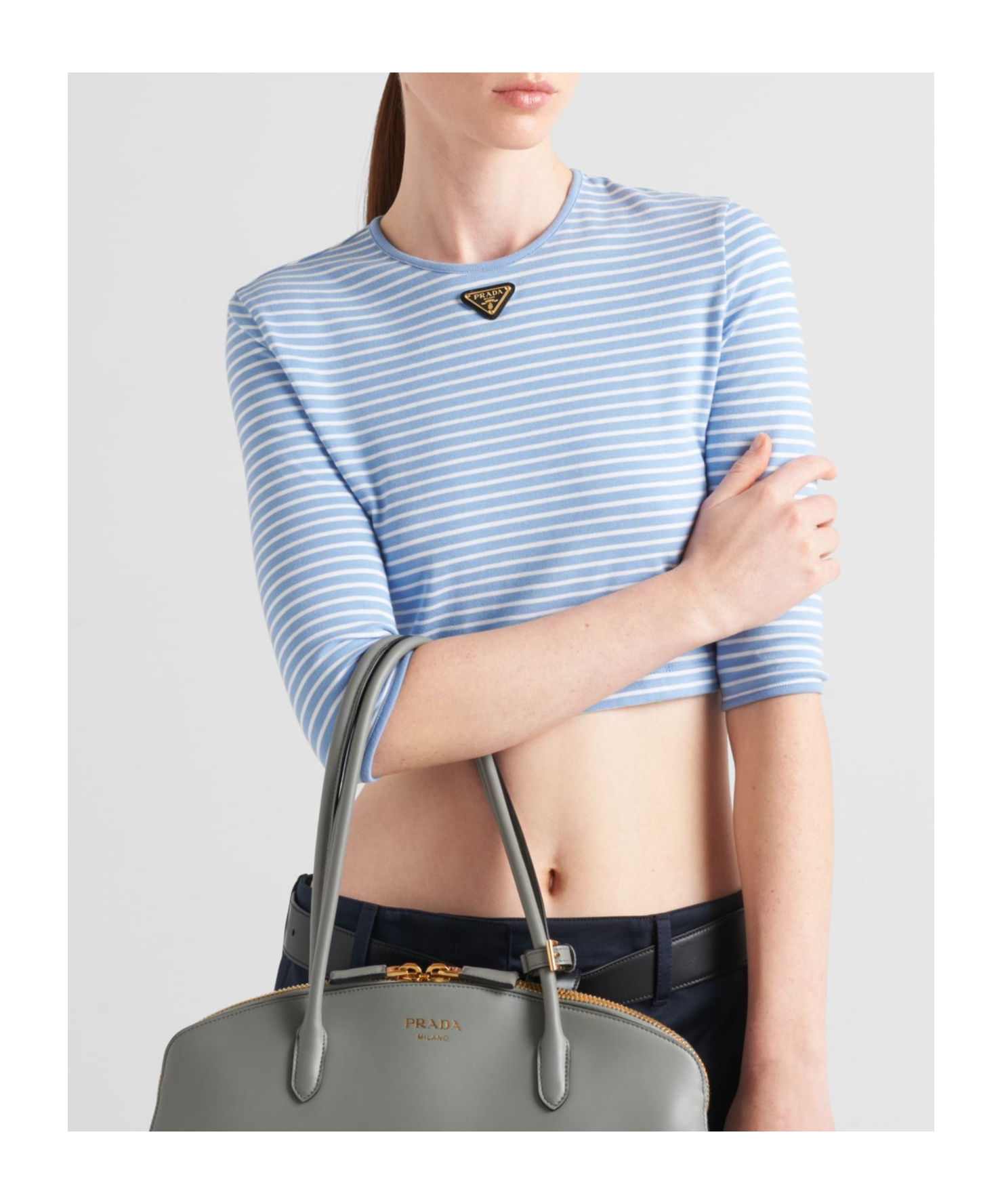 Prada Logo Cotton-blend Crop Top In Sky Blue/white