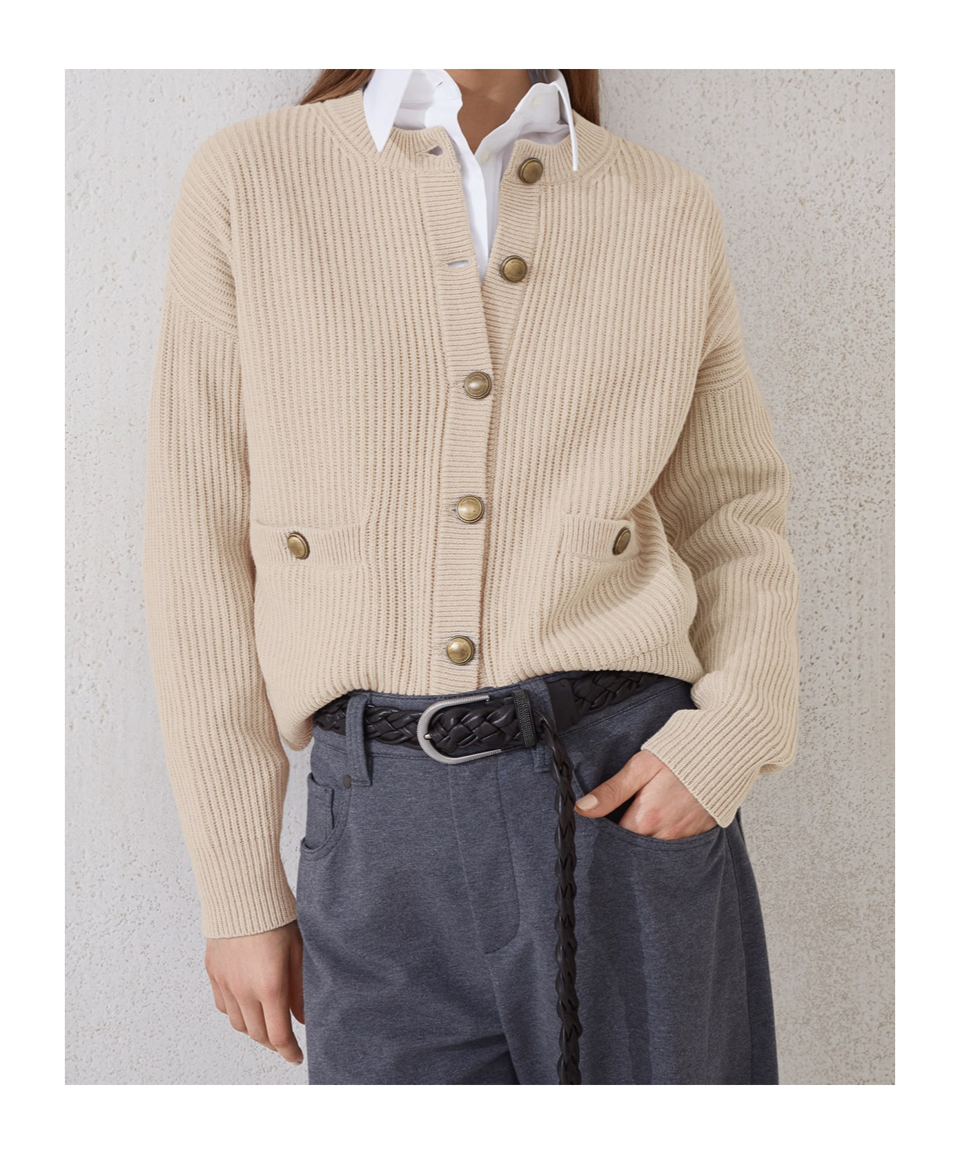 Brunello Cucinelli English Ribbed-knit Button-up Cardigan In Nude