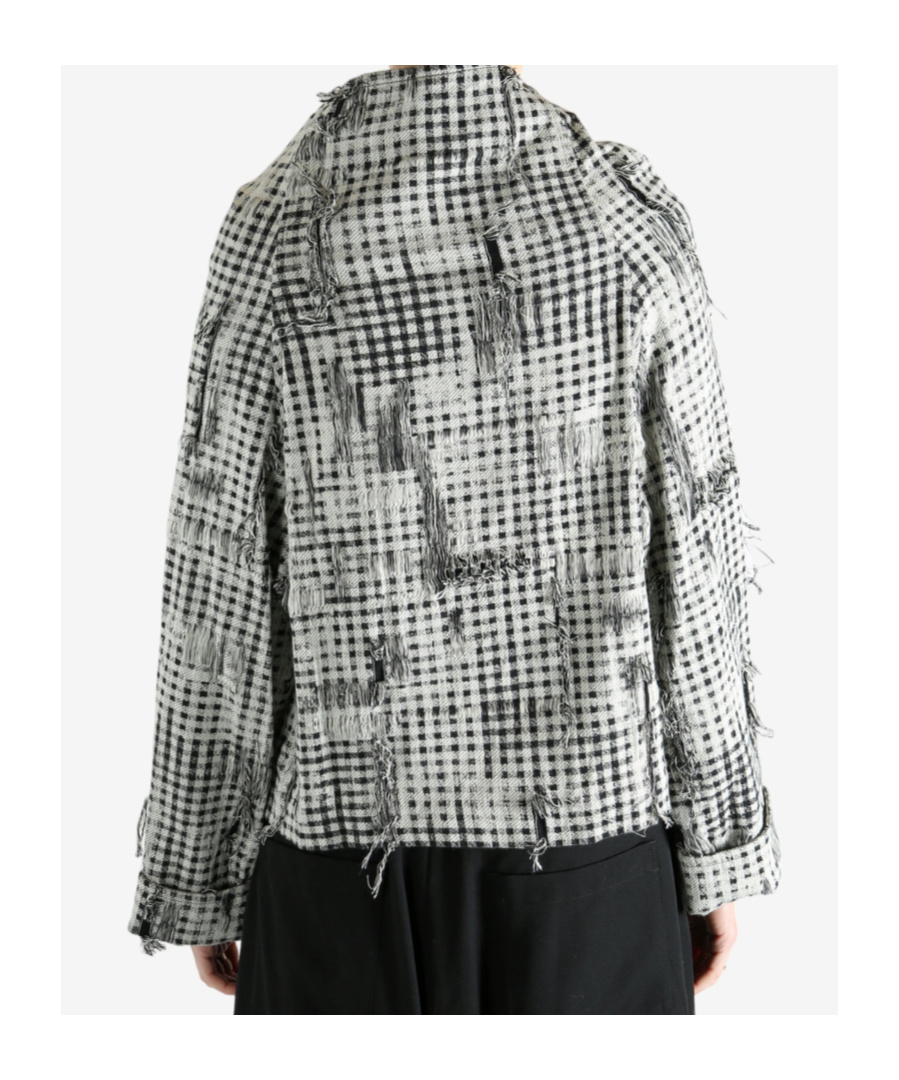 Y's Check-pattern Frayed-hem Jacket In Gray