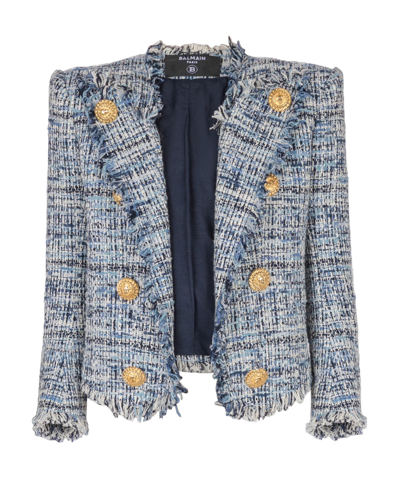 Balmain Spencer Button-embellished Frayed Cotton-blend Tweed Blazer In Gray
