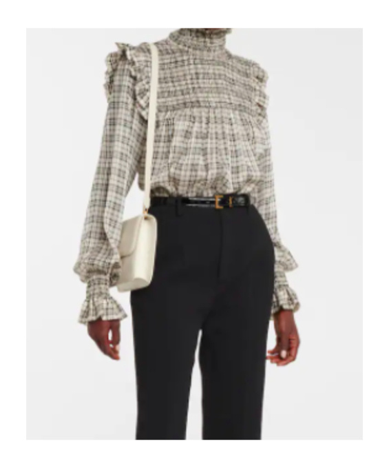 Saint Laurent Check-pattern Long-sleeve Blouse In Nude