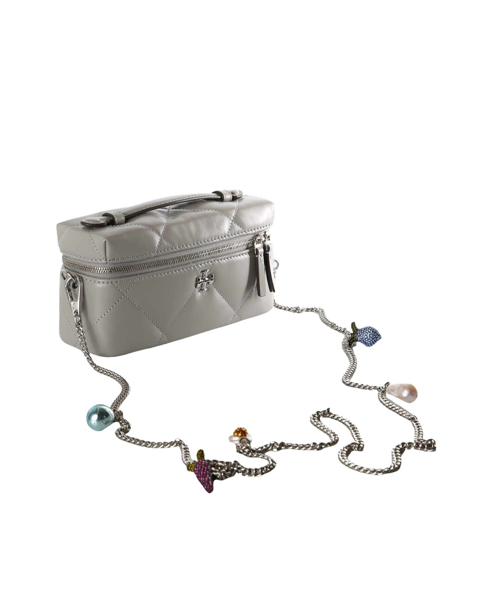 Tory Burch Kira Quilted Embellished-chain Cross-body Bag In Gray