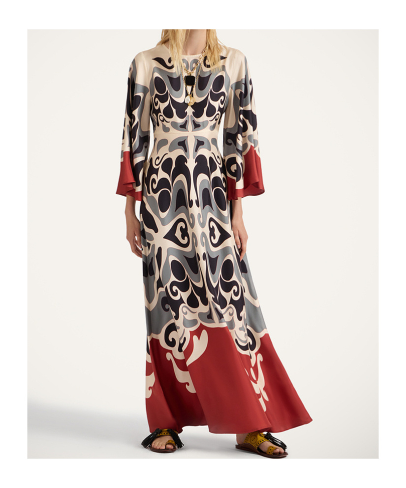 La Doublej Multicolor Long Dress With Round Neck And All Over Motif In Silk Woman In White