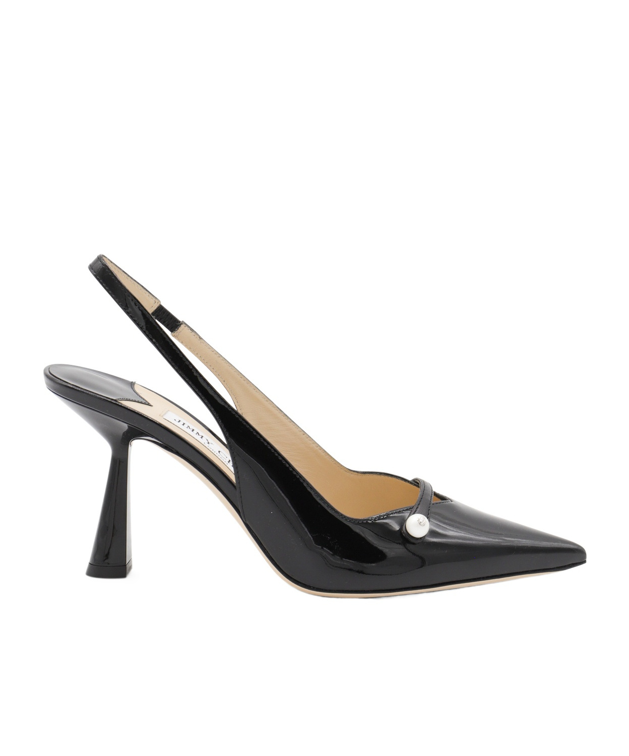 Jimmy Choo Button Detail Patent Pointed Stiletto Pumps In Black