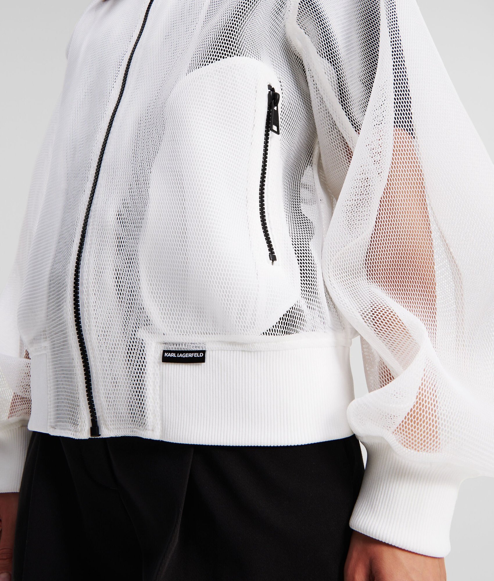 KARL LAGERFELD LOGO-EMBROIDERED MESH BOMBER JACKET