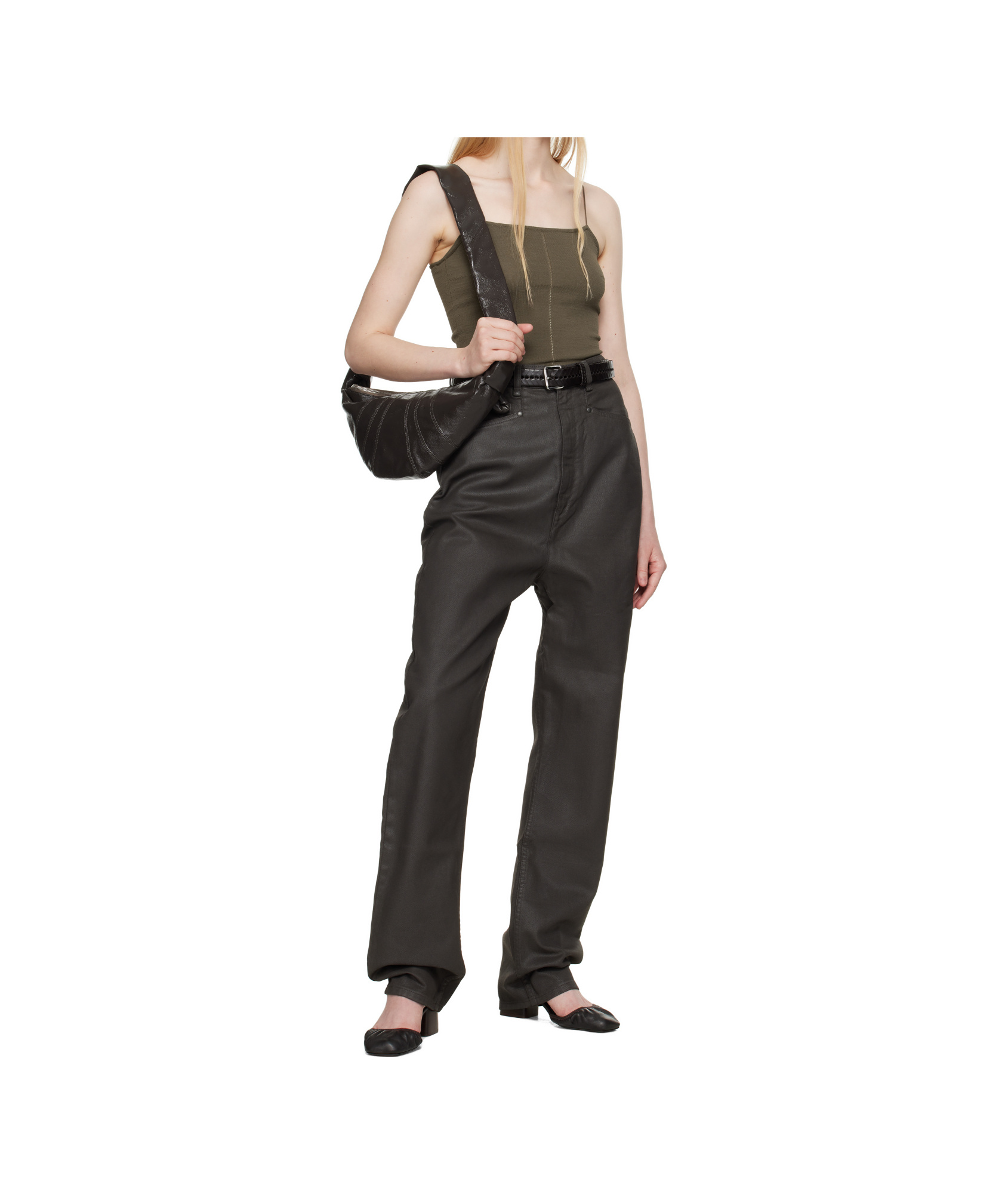 Lemaire Shiny Coated Dropped Crotch Pants In Dark Chocolate