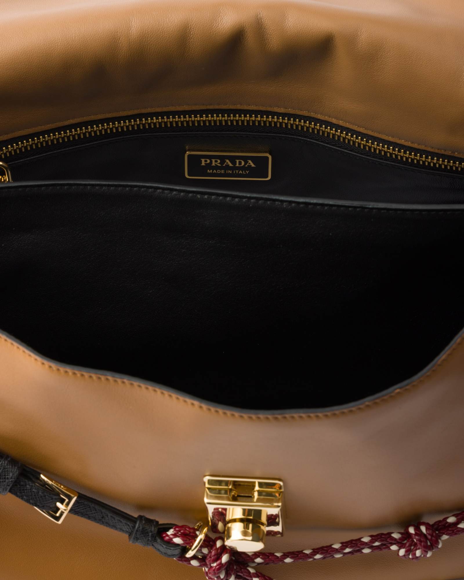 Prada Soft Sound Large Caramel Bag With Charms In Brown