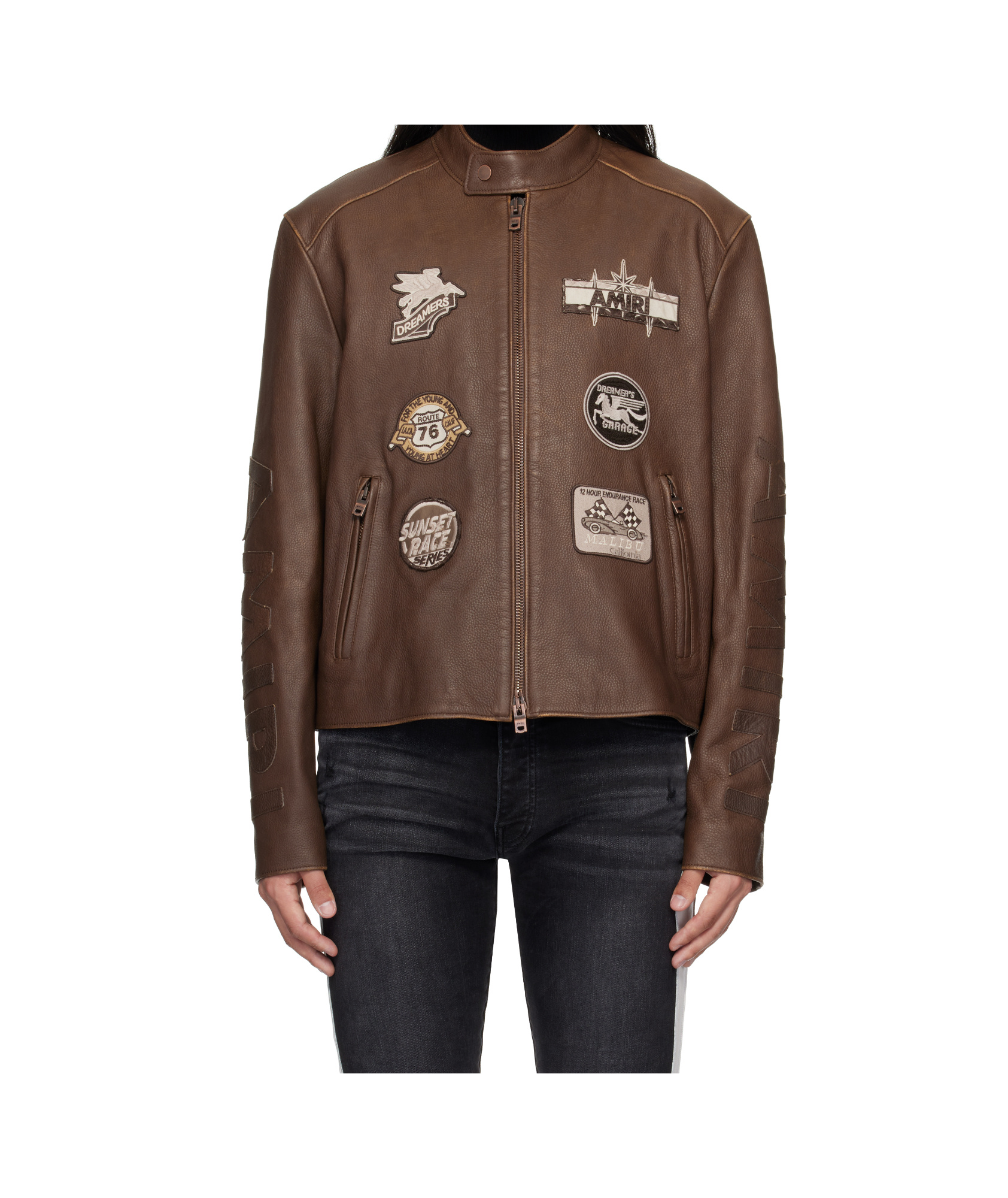 Amiri Patch Racing Leather Jacket In Brown