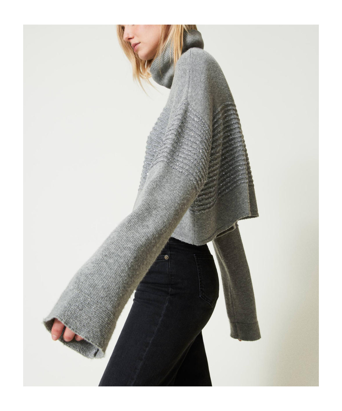 Shop Twinset Sequined-stripes Roll-neck Jumper In Gray