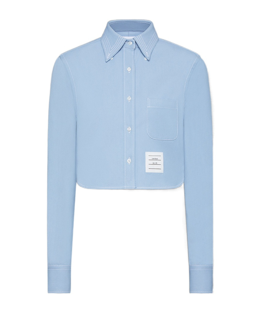 Thom Browne Cropped Denim Shirt With Contrast Stitching In Blue