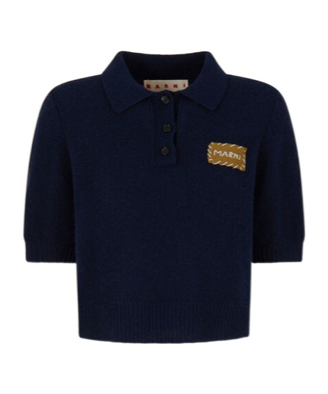 Marni Deep Blue Cashmere Polo Jumper With Patch
