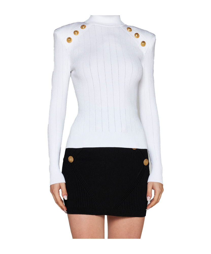 Shop Balmain Knit Jumper With Gold Buttons In White