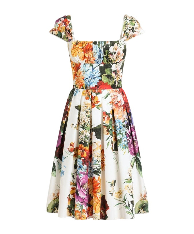 Dolce & Gabbana Floral Bouquet Popeline Cap-sleeve Pleated Dress In Multi