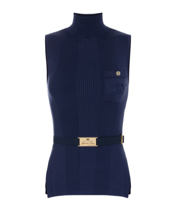 Elisabetta Franchi Logo Embroidered Narrow-ribbed Turtleneck Top In Black