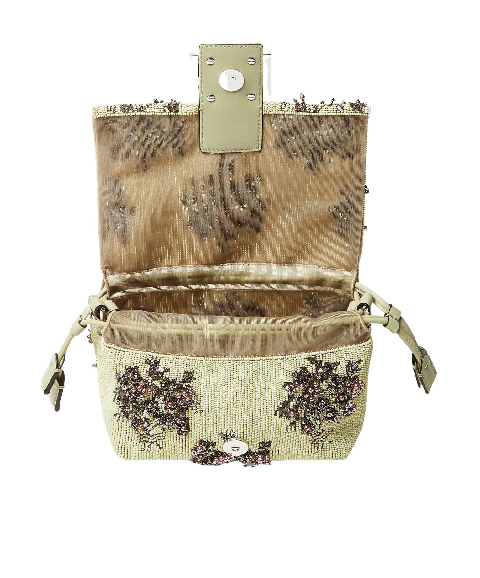 Fendi Mamma Baguette Small Sage Green Flower Bouquet Embroidered Mini-bag In Gray-green